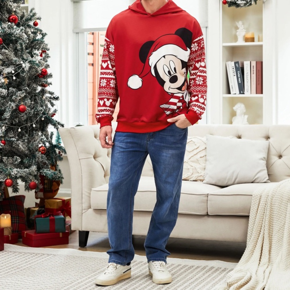 Disney Men Mickey and Friends Xmas Character Print Long-sleeve Hoodie Red